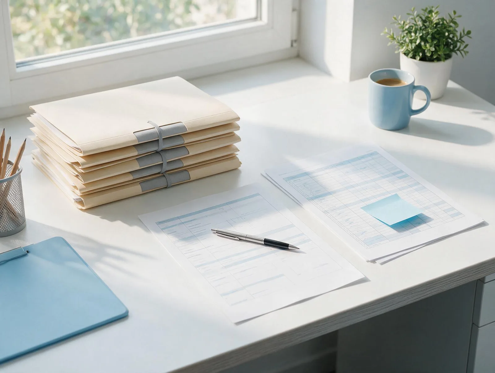 Symbolische Arbeitsszene mit Akten, Papierlisten und einer noch offenen Notiz.