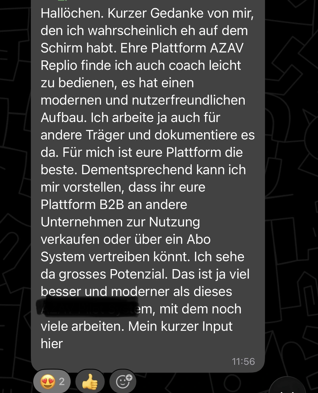 Anonymisierter Screenshot einer Rückmeldung eines Dozenten zu AZAV Replio.